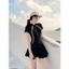 DB073 TNH [Size M,L,XL]Bikini đồ bơi đi biển một mảnh dây kéo đen phối xám form váy có quần bảo hộ HAN.T SHOP