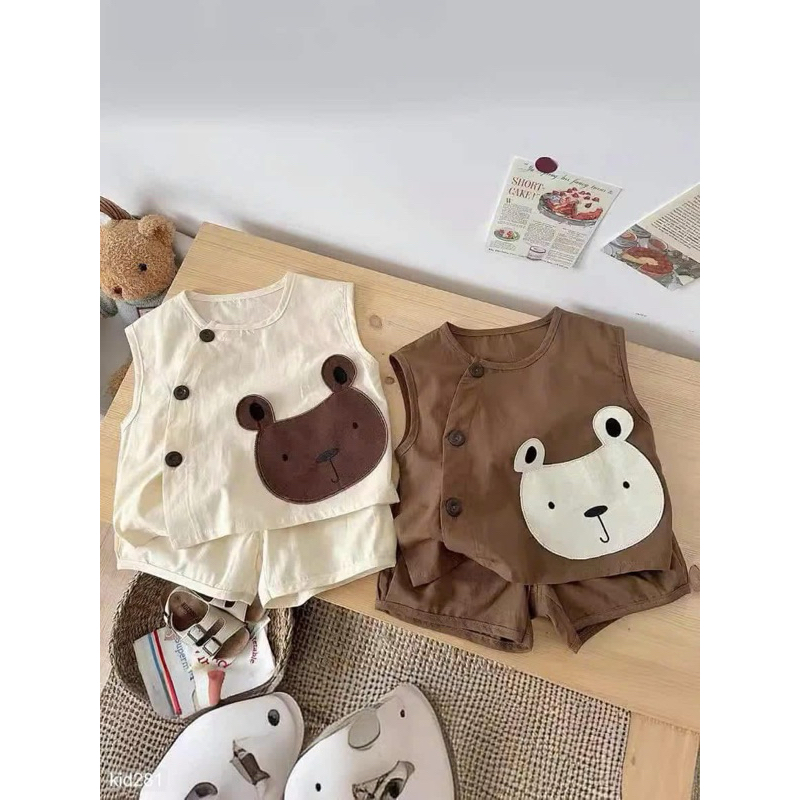 (Order) Bộ quần áo đóng cúc giả gỗ hình gấu ngộ nghĩnh, mát mẻ dành cho bé trai - bé gái