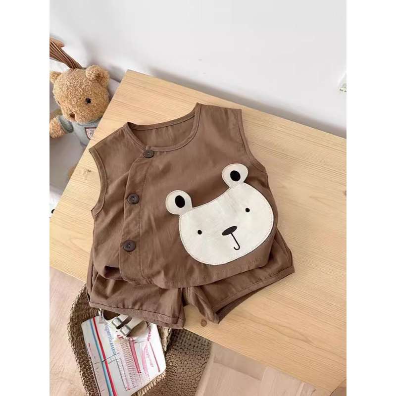 (Order) Bộ quần áo đóng cúc giả gỗ hình gấu ngộ nghĩnh, mát mẻ dành cho bé trai - bé gái