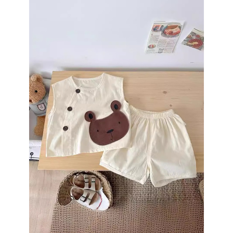 (Order) Bộ quần áo đóng cúc giả gỗ hình gấu ngộ nghĩnh, mát mẻ dành cho bé trai - bé gái