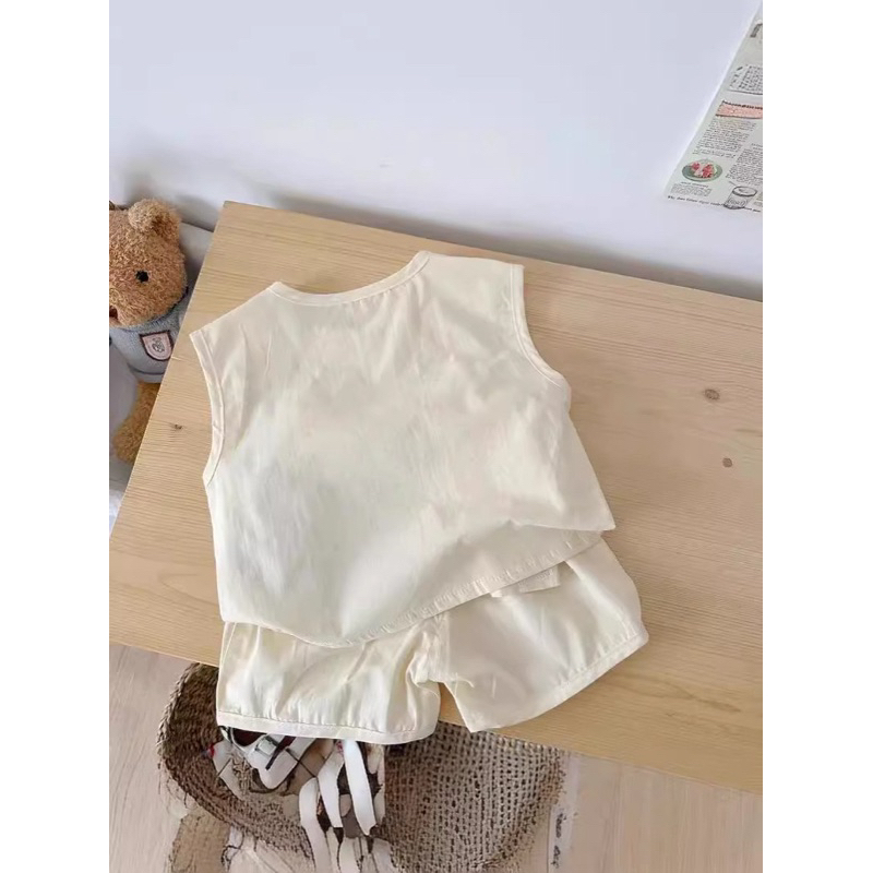 (Order) Bộ quần áo đóng cúc giả gỗ hình gấu ngộ nghĩnh, mát mẻ dành cho bé trai - bé gái