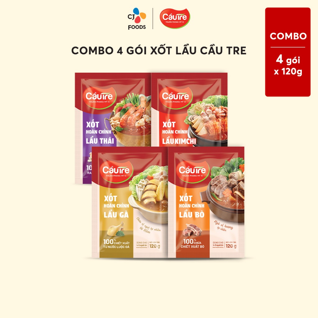 Combo 4 gói Xốt Lẩu hoàn chỉnh Cầu Tre 120g x 4 (Lẩu gà, Lẩu kimchi ...