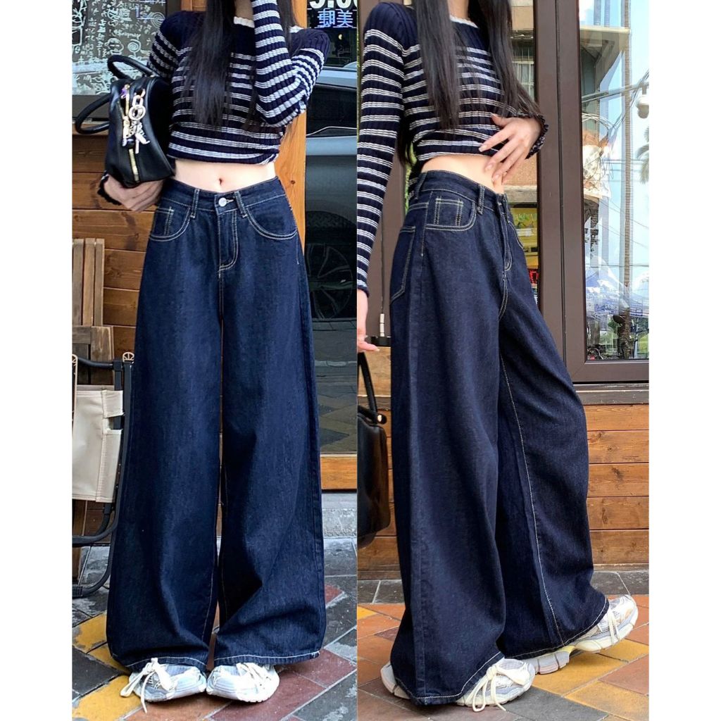 Quần Jeans Ống Rộng Joolate Chất Jeans Mềm Màu Xanh Đậm Viền Chỉ Nổi