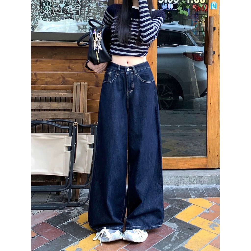 Quần Jeans Ống Rộng Joolate Chất Jeans Mềm Màu Xanh Đậm Viền Chỉ Nổi