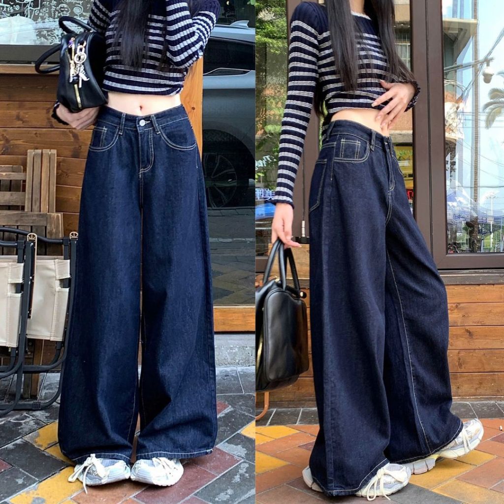 Quần Jeans Ống Rộng Joolate Chất Jeans Mềm Màu Xanh Đậm Viền Chỉ Nổi
