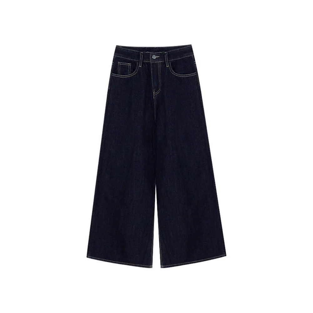Quần Jeans Ống Rộng Joolate Chất Jeans Mềm Màu Xanh Đậm Viền Chỉ Nổi