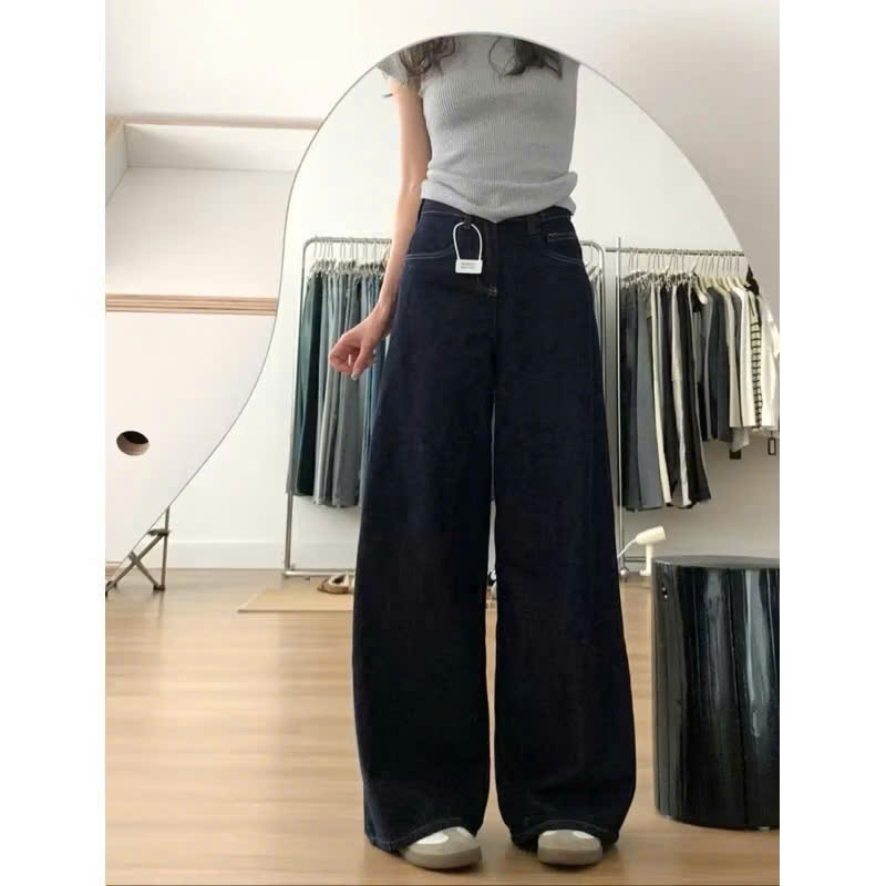 Quần Jeans Ống Rộng Joolate Chất Jeans Mềm Màu Xanh Đậm Viền Chỉ Nổi