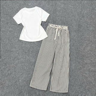 Set Đồ Bộ Bigsize Nữ Áo Thun Baby Tee Tay Ngắn Kèm Quần Kẻ Sọc Ống Rộng Basic Cho Chubby SET972
