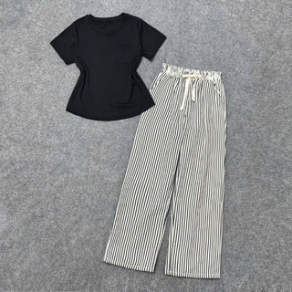 Set Đồ Bộ Bigsize Nữ Áo Thun Baby Tee Tay Ngắn Kèm Quần Kẻ Sọc Ống Rộng Basic Cho Chubby SET972
