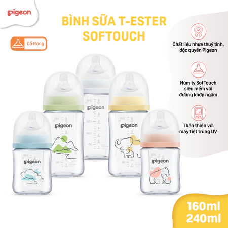 Bình sữa Pigeon chống đầy hơi cổ rộng cho bé sơ sinh núm ti siêu mềm chống sặc chính hãng