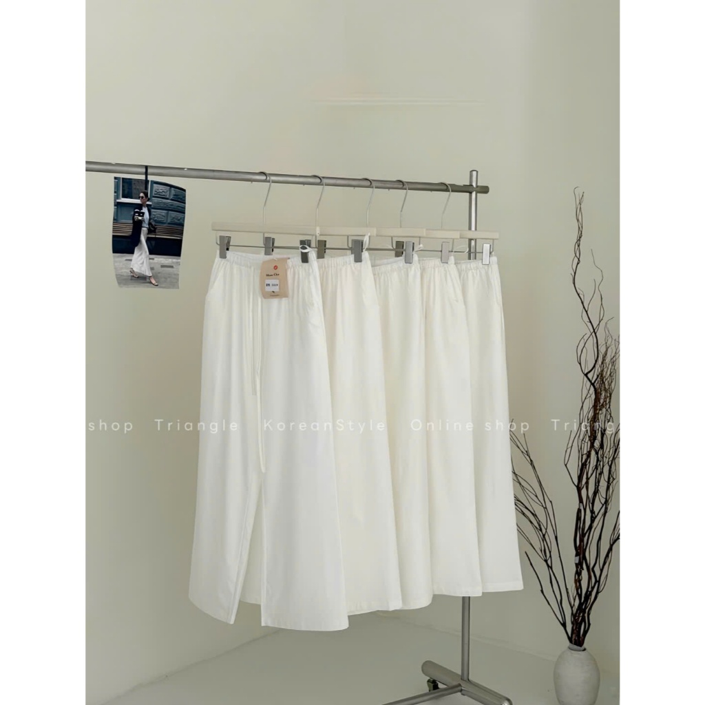 Triangle - Allwhite Trousers (Cân nhắc kỹ, returned is not welcomed) - Quần trắng ống rộng cạp chun chất vải lanh dày dặ