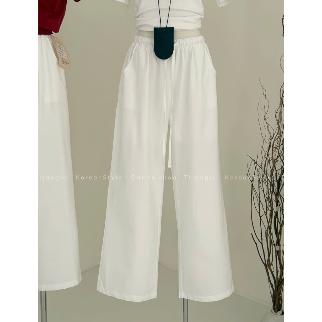 Triangle - Allwhite Trousers (Cân nhắc kỹ, returned is not welcomed) - Quần trắng ống rộng cạp chun chất vải lanh dày dặ