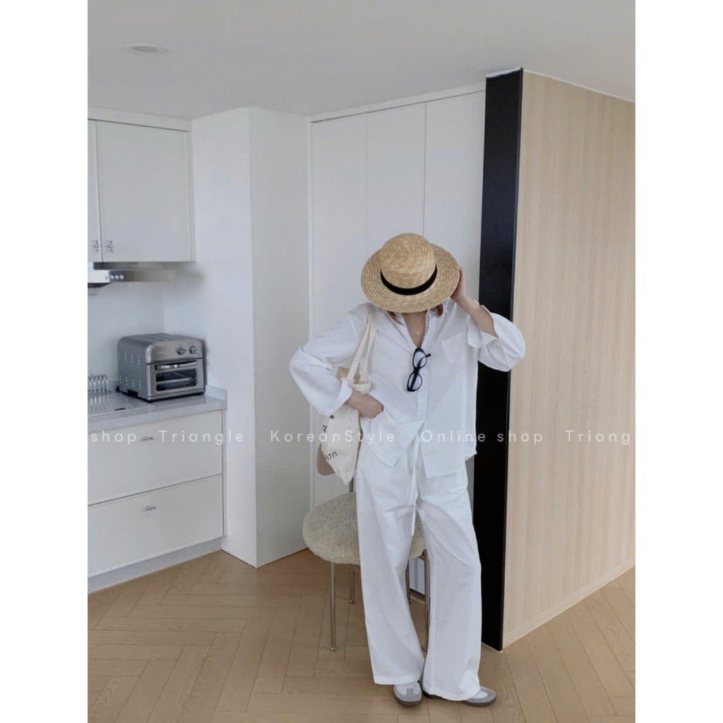 Triangle - Allwhite Trousers (Cân nhắc kỹ, returned is not welcomed) - Quần trắng ống rộng cạp chun chất vải lanh dày dặ