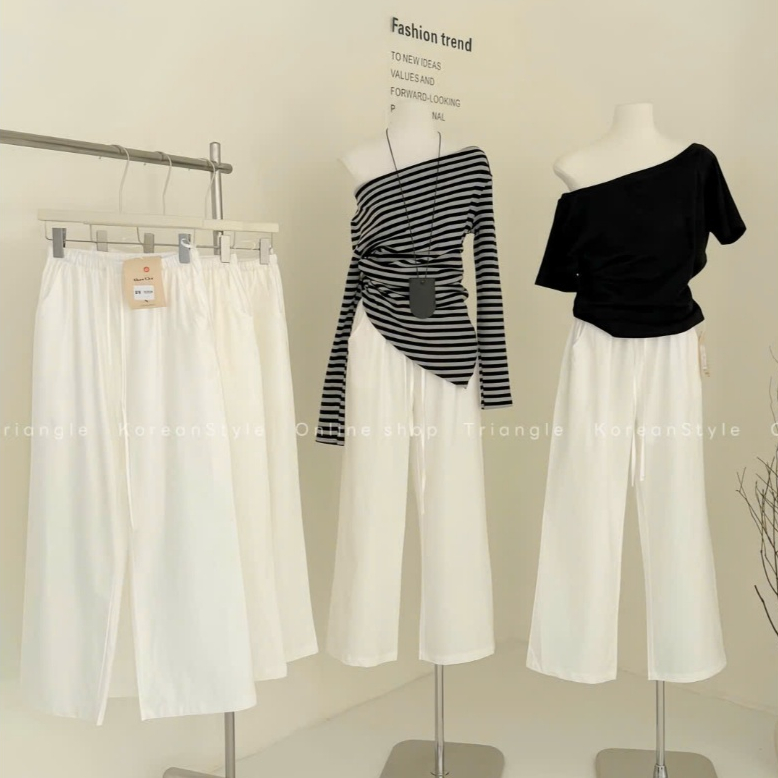 Triangle - Allwhite Trousers (Cân nhắc kỹ, returned is not welcomed) - Quần trắng ống rộng cạp chun chất vải lanh dày dặ