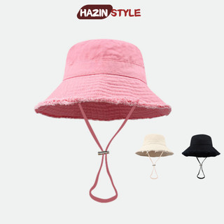 Mũ bucket tua rua HAZIN vải mềm mịn, nón tai bèo cao bồi vành rộng có dây quai điều chỉnh phong cách Hàn Quốc