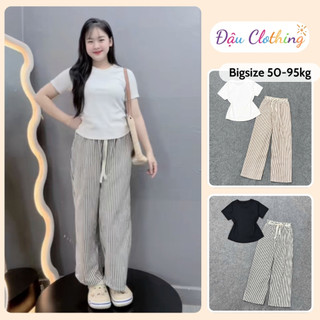 Set Bộ Bigsize Nữ Áo Baby Tee Ôm Body Kèm Quần Sọc Ống Suông Rộng Basic Cho Chubby G244+Q534