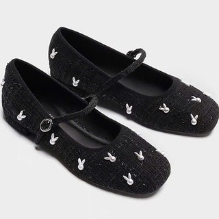 (Sẵn trắng 40) Giày Búp Bê Dạ Giày Mary Jane Đính Thỏ Xinh Hàng Đẹp