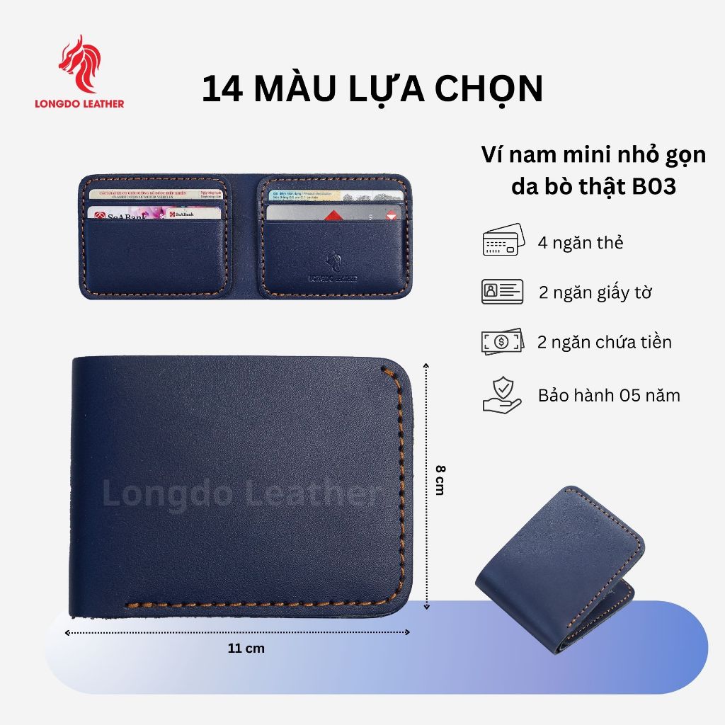 Ví da nam nhỏ gọn da bò thật – Bảo hành 5 năm – Hàng chính hãng thương hiệu Longdo Leather – B03