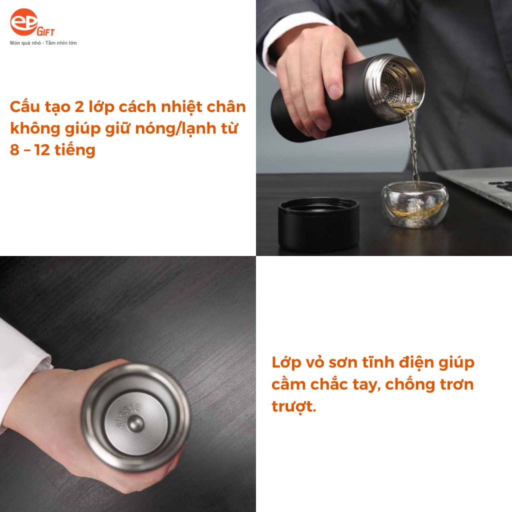 Bình Nước Giữ Nhiệt Epvina Gift Nắp Bạc Chất Liệu Inox 304 Chống Gỉ Dung Tích 500ml