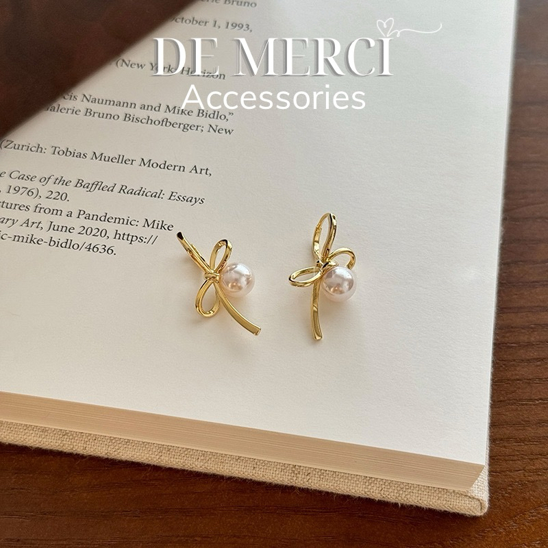 Khuyên tai nữ bạc 925 DE MERCI ACCESSORIES hình nơ ngọc trai sang trọng BT