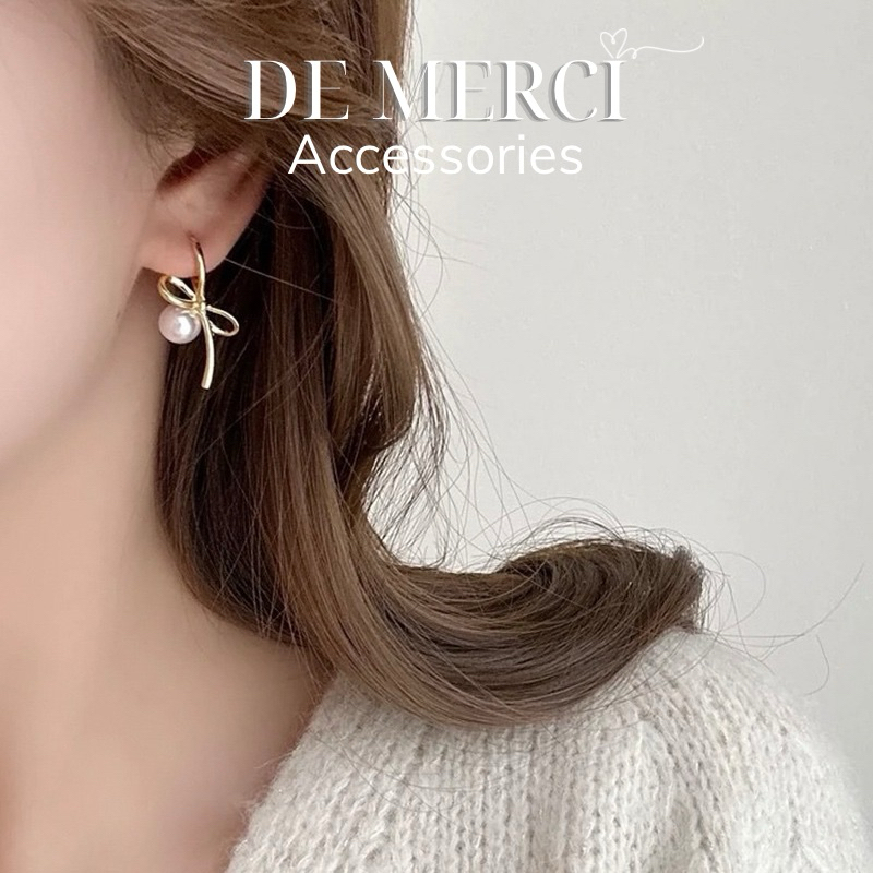 Khuyên tai nữ bạc 925 DE MERCI ACCESSORIES hình nơ ngọc trai sang trọng BT