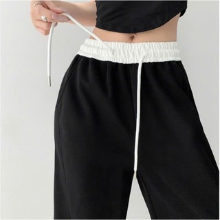 THEKIM Quần nỉ ống rộng phối cạp trắng có dây rút , quần suông rộng dáng dài B330