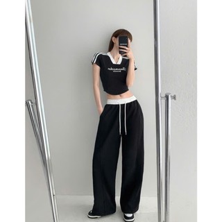 THEKIM Quần nỉ ống rộng phối cạp trắng có dây rút , quần suông rộng dáng dài B330