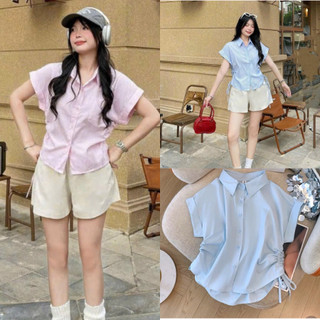 Áo sơ mi rút dây ngắn tay mùa hè năng động ba màu trắng hồng xanh mint siêu xinh VANISA CT178