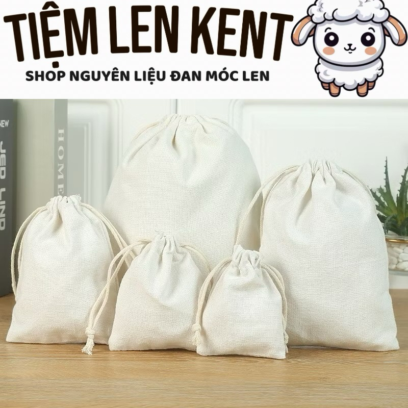Túi vải Canvas,túi vải nhỏ mini có dây rút màu kem đựng phụ kiện,cafe ...