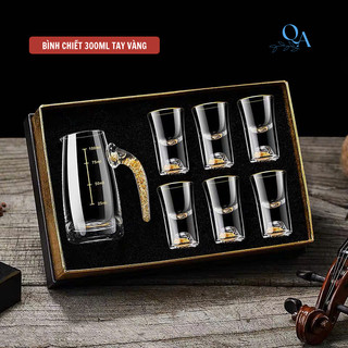 Bộ ly rượu thủy tinh pha lê mạ vàng lá 24K bình 300ml 6 ly 15ml sang trọng cao cấp kèm hộp quà tặng