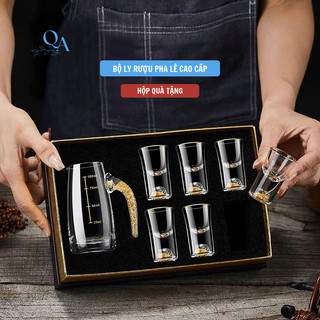 Bộ ly rượu thủy tinh pha lê mạ vàng lá 24K bình 300ml 6 ly 15ml sang trọng cao cấp kèm hộp quà tặng