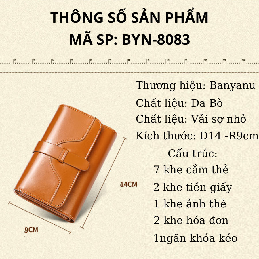 ví ngắn nữ da bò ví nữ mini cầm tay ví đựng tiền bóp tiền chính hãng BANYAU M8083 có hộp và túi đựng sang trọng làm tặng