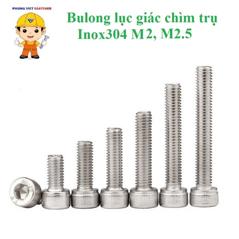 (INOX304) 50 cái M2, M2.5 Bulong lục giác chìm đầu trụ inox304 M2,M2.5