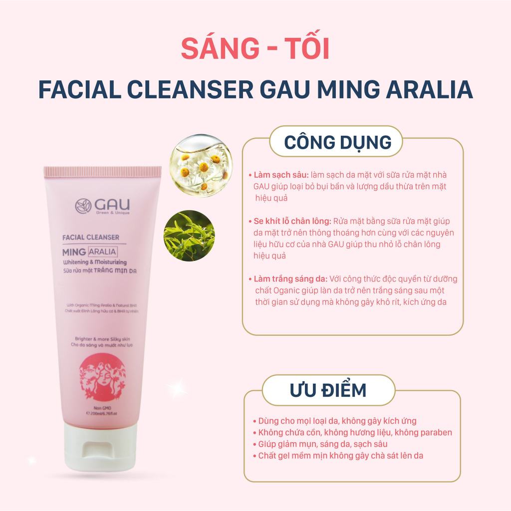 Sữa rửa mặt Sạch Mụn GAU Mềm Mịn Sáng Giảm Nám ẩn Ming Aralia Whitening & Moisturizing 200ml