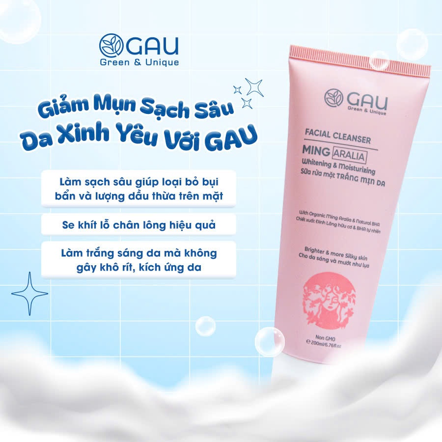 Sữa rửa mặt Sạch Mụn GAU Mềm Mịn Sáng Giảm Nám ẩn Ming Aralia Whitening & Moisturizing 200ml