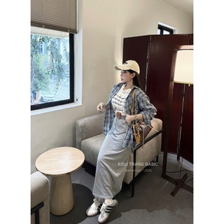 Set Bộ Đồ Nữ 3 Món Áo Sơ Mi Dài Tay Kẻ Caro Kèm Áo Thun Ngắn Tay Chân Váy Dài Trơn Basic Xinh Xắn QCCC Cao Cấp