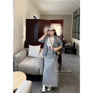 Set Bộ Đồ Nữ 3 Món Áo Sơ Mi Dài Tay Kẻ Caro Kèm Áo Thun Ngắn Tay Chân Váy Dài Trơn Basic Xinh Xắn QCCC Cao Cấp