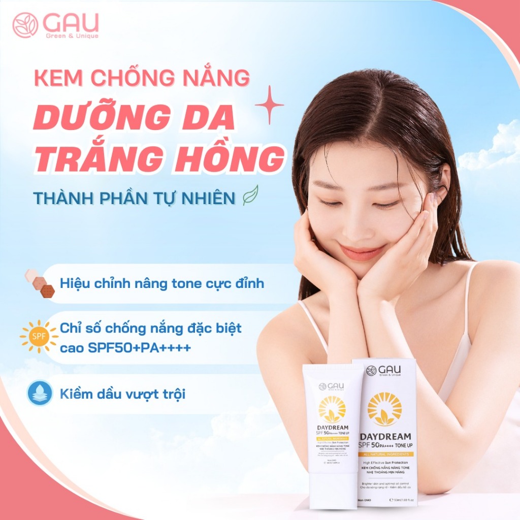 Kem chống nắng Nâng Tone Tự nhiên Trắng hồng Mịn Thoáng Dưỡng ẩm GAU SPF50+PA++++ 50ml