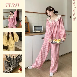 Freesize 63kg Bộ Đồ Ngủ Kẻ Caro Thắt Nơ Xinh Xắn Áo Tay Dài Quần Dài Tuni.studio T04