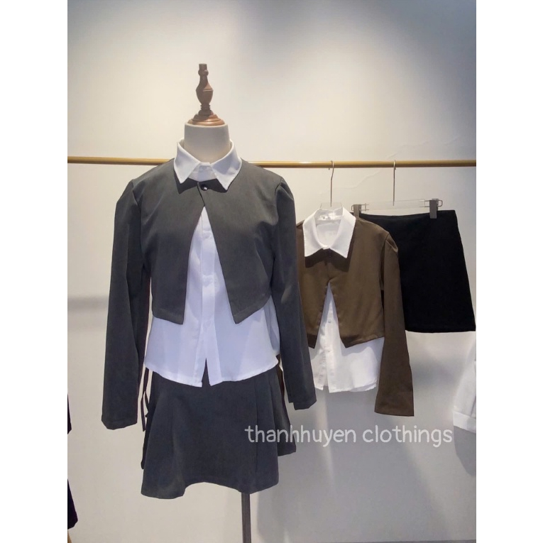 Sét/áo sơ mi nữ phối blazer dài tay Thanhhuyen clothings, blazer dáng croptop tay dài thiết kế 1 cúc phối sơ mi