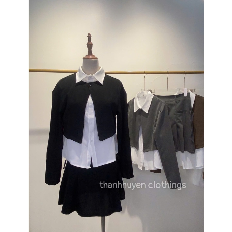 Sét/áo sơ mi nữ phối blazer dài tay Thanhhuyen clothings, blazer dáng croptop tay dài thiết kế 1 cúc phối sơ mi