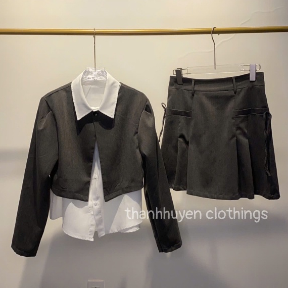 Sét/áo sơ mi nữ phối blazer dài tay Thanhhuyen clothings, blazer dáng croptop tay dài thiết kế 1 cúc phối sơ mi