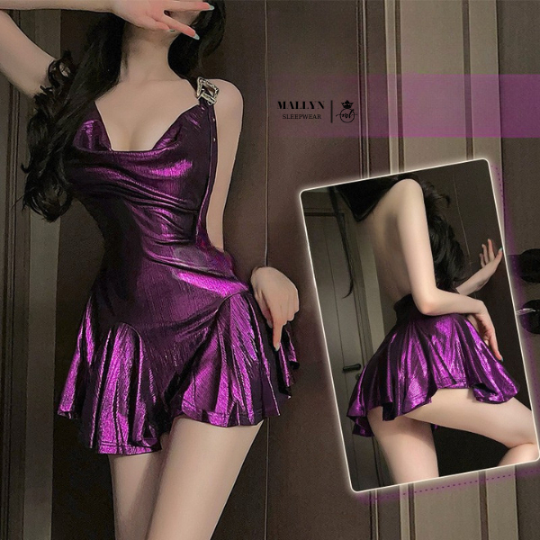 Váy ngủ dáng xòe MALLYN đầm ngủ vải đan mạ vàng sang chảnh sexy 8996