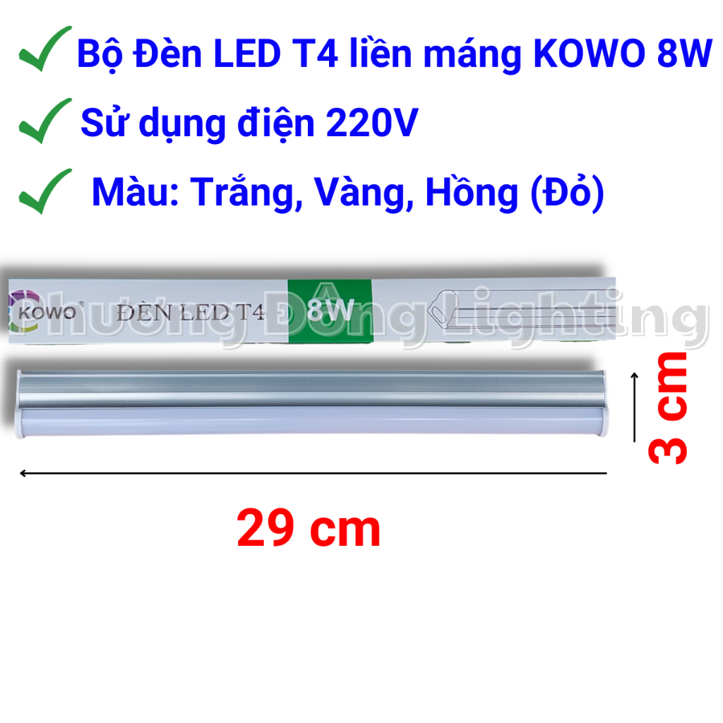 Bộ Đèn LED T4 máng Nhôm LED Liền thân dài 29cm, 42cm, 47cm, 51cm màu Trắng Vàng Hồng