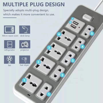 Ổ Cắm Điện USB Đa Năng Cao Cấp Chống Giật (ổ 9 + 2 Cổng Cắm USB), 4 Giắc Cắm Điện Có Chốt An Toàn Tiện Dụng