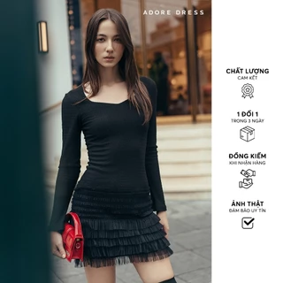 412DR1114 - Đầm mini tùng lưới xếp thun xốp đen