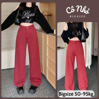 Quần Jean Bigsize Nữ Cạp Cao Màu Đỏ Đo Ống Suông Dài Sành Điệu Chubby 50-95kg Q536