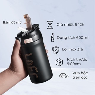 Bình giữ nhiệt 600ml có ống hút, ly giữ nhiệt nóng lạnh 6-12 tiếng, lõi inox 316 cao cấp
