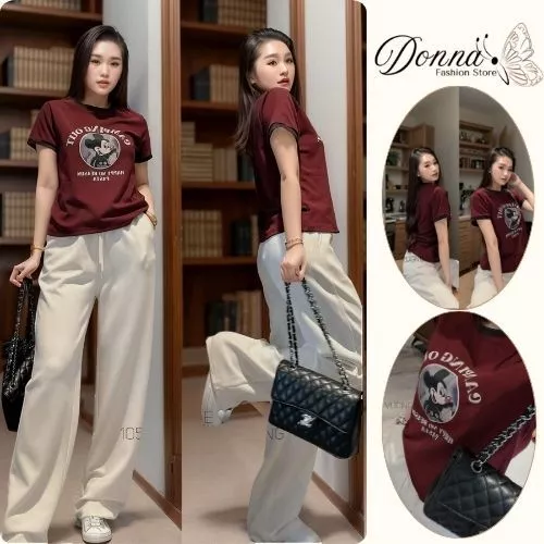 set đồ nữ,áo thun cotton in hình ,quần ống rộng suông basic thoáng mát  Donna hcom25508