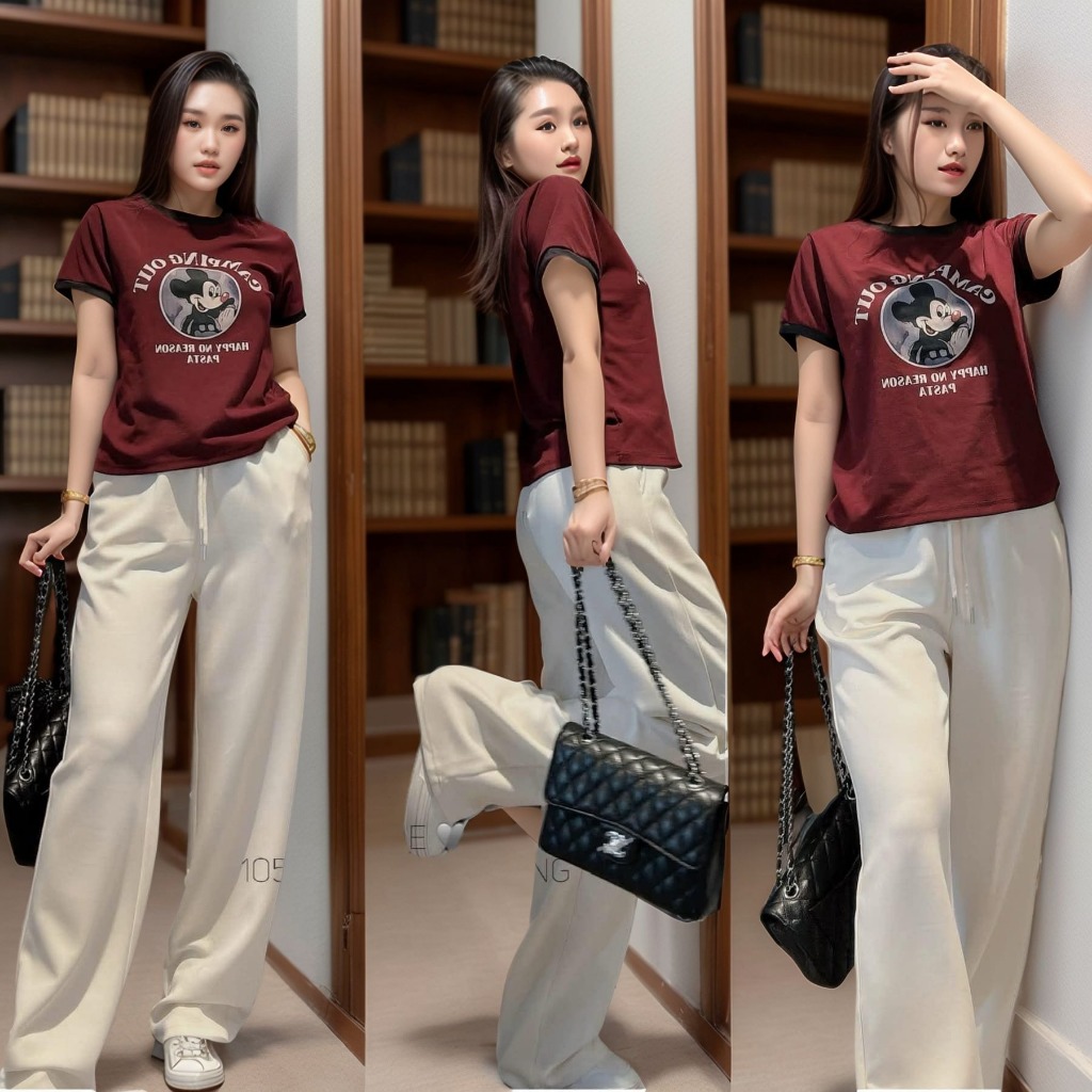 set đồ nữ,áo thun cotton in hình ,quần ống rộng suông basic thoáng mát  Donna hcom25508